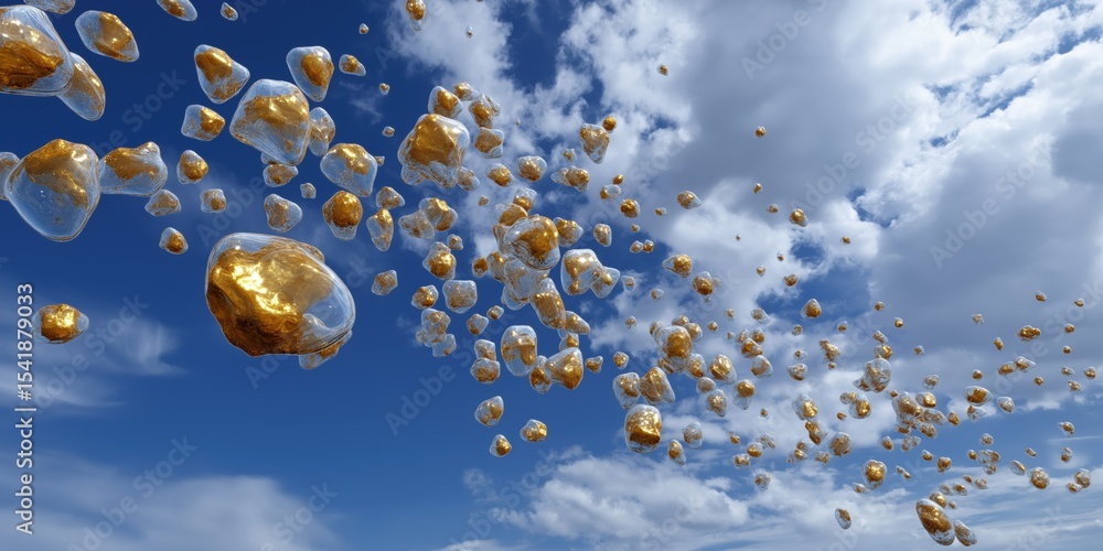 Aufkleber a bunch of gold colored objects are floating in the sky. the sky is blue and there are some clouds