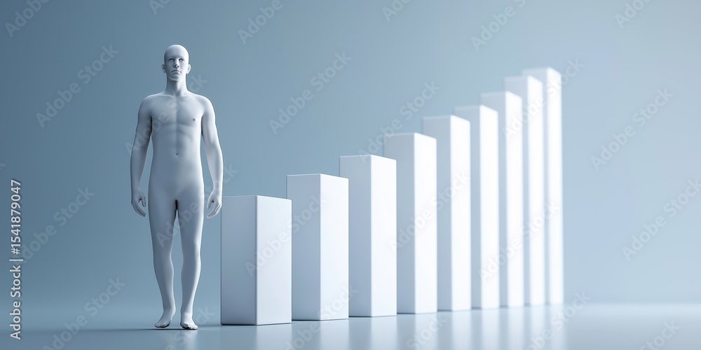 Poster a man stands in front of a series of white boxes, each one taller than the one before it. the boxes 