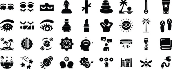 Black Glyph Icons Set Spa Wellness Beauty Summer Vacation
