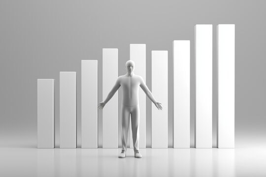 A man stands in front of a series of white bars, with his arms outstretched. The bars represent a graph, and the man's pose suggests that he is trying to reach the top of the graph
