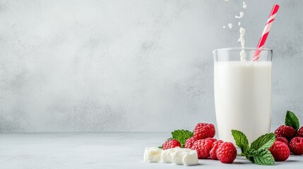 A delicious milkshake spills creamy goodness surrounded by fresh raspberries and mint leaves, offering a refreshing treat that tempts the senses and indulgence.