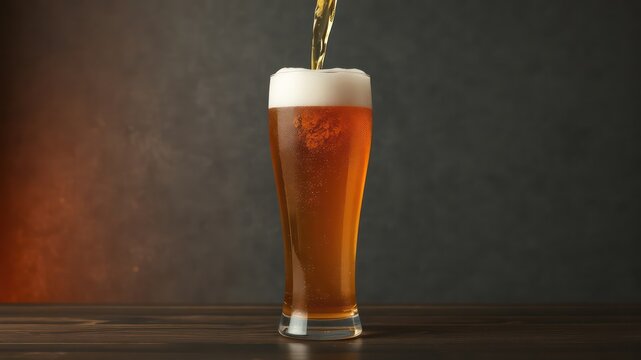 Refreshing cold beverage being poured into a tall glass on a wood surface ready for a relaxing drink