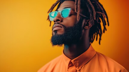 Obraz premium A portrait of a confident young man wearing fashionable glasses and a vibrant orange shirt, set against a captivating yellow backdrop that enhances his striking features.