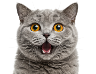 Surprised Gray Cat with Open Mouth on Transparent Background