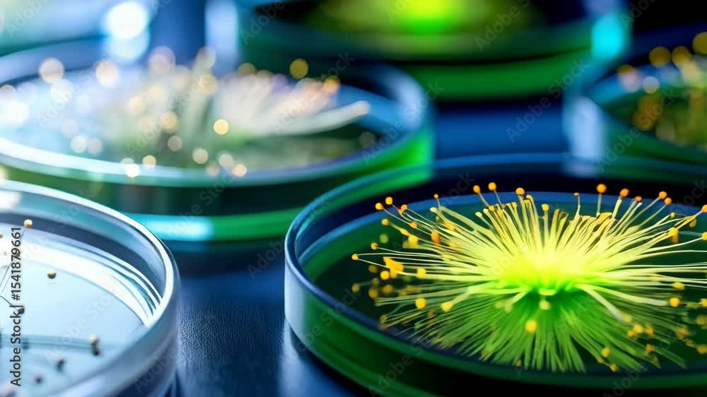 Poster abstract science presentation of fungal specimens in petri dishes with microchip circuit design repr