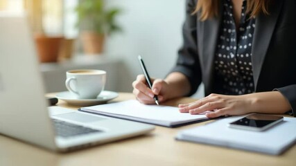 Focused Work: Woman Writing at Desk with Laptop and Coffee - Powered by Adobe