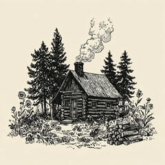 An old cabin nestled in a serene forest. This rustic illustration of a cabin evokes a sense of warmth and coziness, creating a feeling of peace and solitude.
