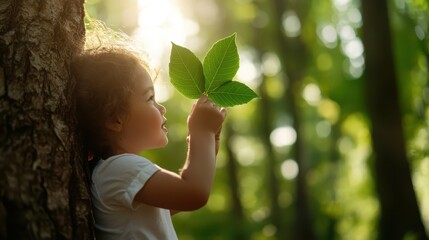 A delightful scene of a child exploring nature, holding green leaves in a sunlit forest, capturing the essence of wonder and discovery in childhood.