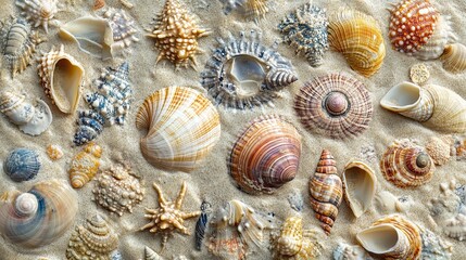 A collection of seashells on sand