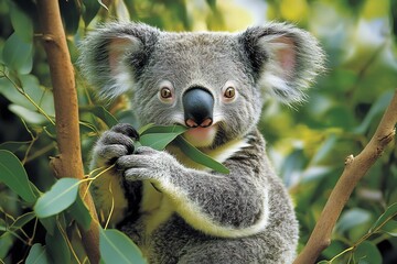 Obraz premium Koala Eating Eucalyptus Leaves a Tree