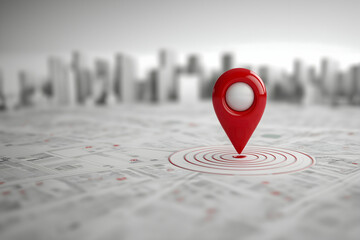 A red location pin marks a specific spot on a blurred city map with a skyline in the background, symbolizing navigation and urban location.