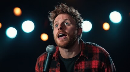 A dynamic view of a stand-up comedian enthusiastically performing with a microphone, capturing the energy and laughter of a live audience atmosphere.