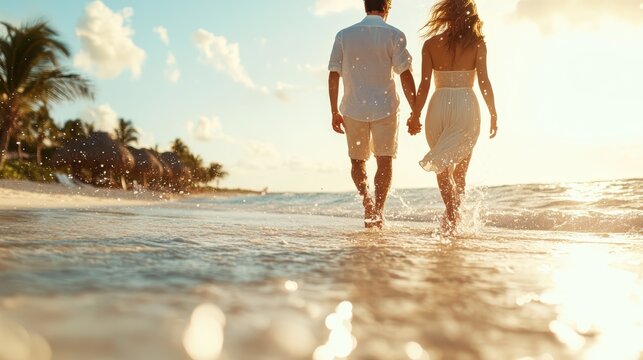 A couple strolls along a picturesque beach at sunset, holding hands, celebrating their love and connection against the beautiful backdrop of waves and warm light. - Powered by Adobe
