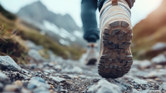 A close-up view of a hiker's boot stepping onto a rugged trail, capturing the spirit of adventure and exploration within a breathtaking mountain landscape.