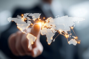 A person interacts with a digital world map displaying glowing data points and network connections across continents.