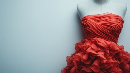 A striking red dress adorned on a mannequin presented in an artistic fashion studio, highlighting its elegant design with flowing ruffles and sophisticated appeal.