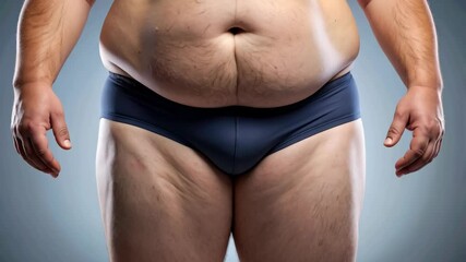 Torso of an overweight man wearing dark underwear stands facing forward with arms extended over gray gradient