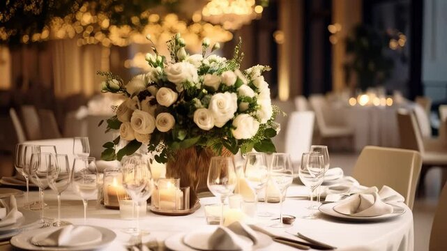 Elegant ballroom event setup with round tables, white linens, floral centerpieces and ambient candle lighting.
