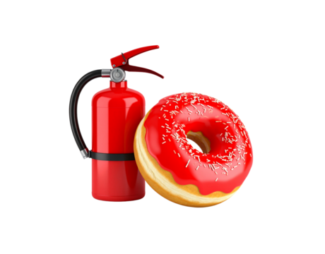 Red Fire Extinguisher and Glazed Donut with Sprinkles.