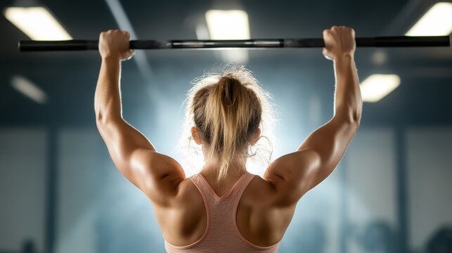 A determined woman showcases her strength by lifting a barbell in a gym environment, highlighting her muscular physique and commitment to fitness and health.