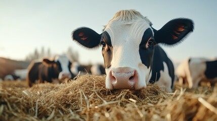 A close-up of a cow peacefully eating hay, embodying the tranquility of rural life in the soft morning light, surrounded by fellow cows in a serene farm setting.