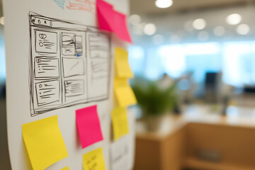A whiteboard with colorful sticky notes and a sketched wireframe in a blurred modern office setting.