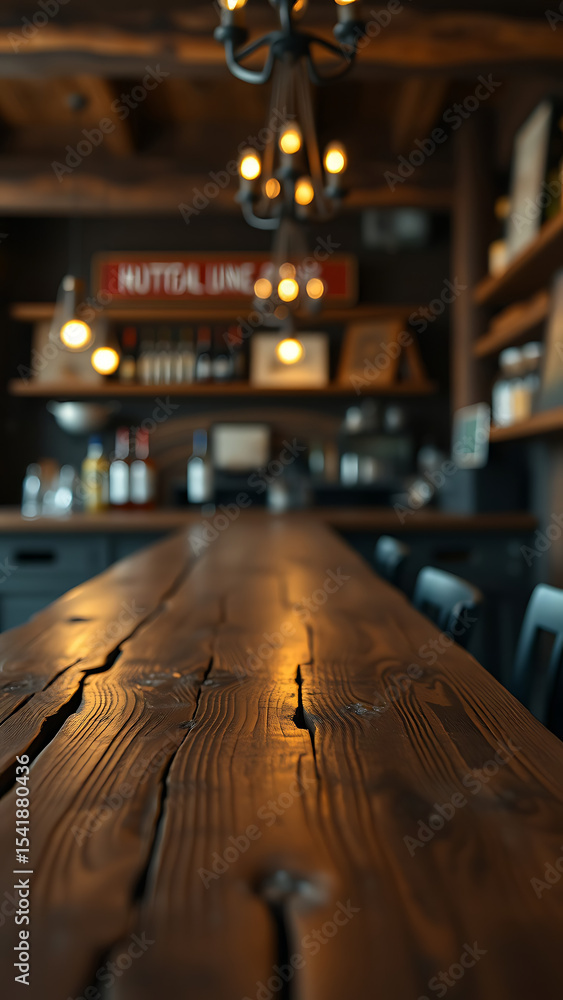 Poster empty wooden table rustic and blurred background of bar or pub for product display high quality phot