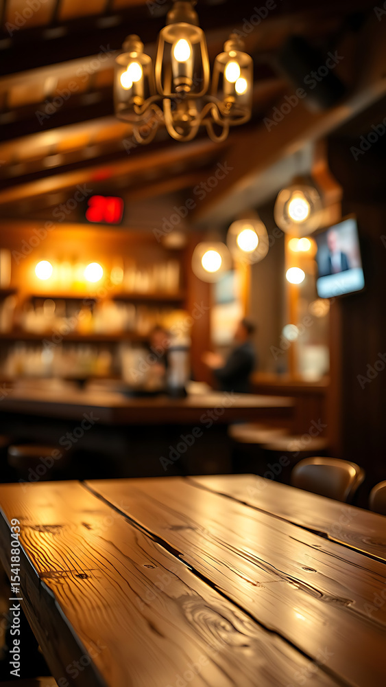 Poster empty wooden table rustic and blurred background of bar or pub for product display high quality phot