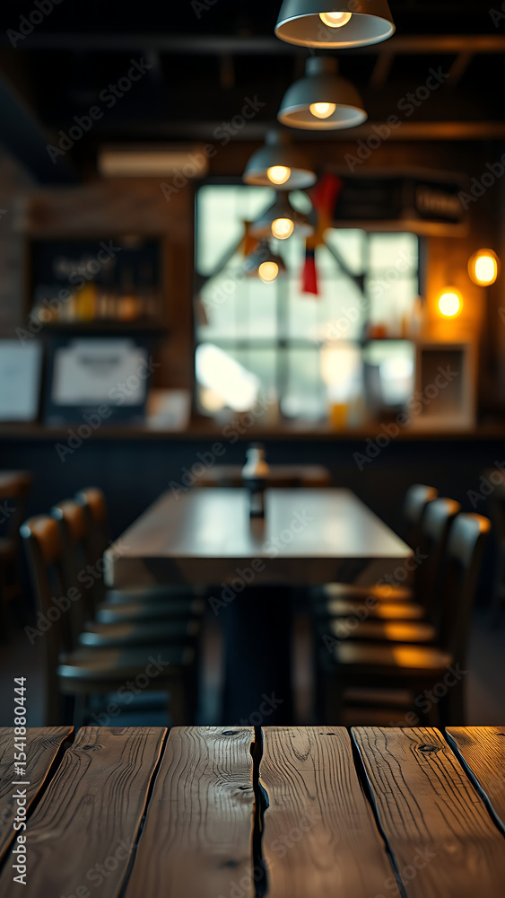 Poster empty wooden table rustic and blurred background of bar or pub for product display high quality phot