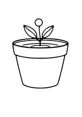 A simple line drawing of a potted plant with one round flower bud and two green leaves emerging from the soil.
