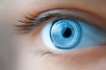 Close-up of a blue human eye with a digital interface overlay suggesting biometric scanning or futuristic technology.