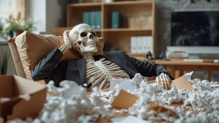 A humorous scene featuring a skeleton in business attire relaxing casually in a cluttered workspace, highlighting the absurdity of work-life balance and stress.