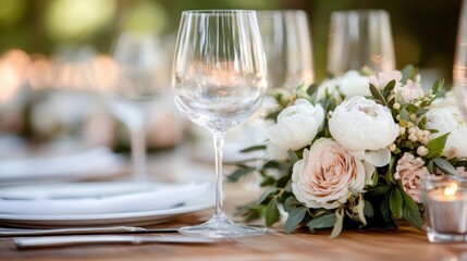 A beautifully arranged table featuring sparkling glassware and delicate floral centerpieces, perfect for creating an inviting atmosphere at weddings or special celebrations.