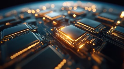 A close-up view of an intricate circuit board showcasing advanced technology, with glowing elements that reflect innovation and the future of electronics and computing.