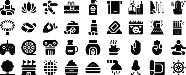Black Glyph Icons Set Wellness Spa Relaxation Yoga