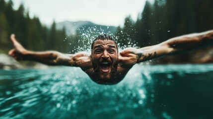 A happy man diving into clear water, arms outstretched, encapsulating the thrill of adventure and connection with nature in a breathtaking landscape of mountains.