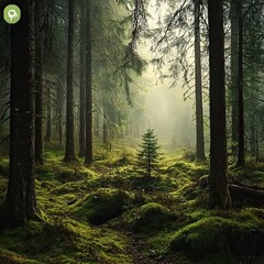 Obraz premium Mysterious forest in thick fog. Trees overgrown with moss. Gloomy autumn woods in the morning. Atmospheric landscape.