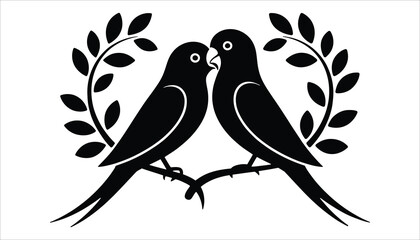 Lovebirds Silhouette with Laurel Leaves Vector Design