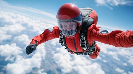 A skydiver in a red jumpsuit is freefalling amidst fluffy clouds, showcasing the exhilarating feeling of adventure and freedom in the sky while capturing the thrill of aerial views.