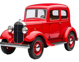 Classic Red Toy Car side view, glossy finish, transparent background.