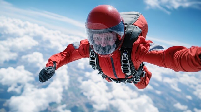 A skydiver in a red jumpsuit is freefalling amidst fluffy clouds, showcasing the exhilarating feeling of adventure and freedom in the sky while capturing the thrill of aerial views.