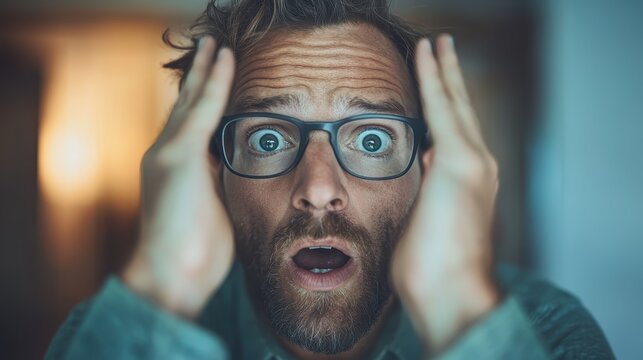 A man with glasses displays surprise and shock, touching his head in disbelief, showcasing a relatable human emotion that many can connect with during unexpected situations.