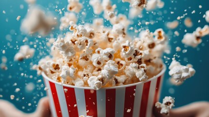An exciting capture of popcorn bursting out of a classic striped bucket, representing the delightful experience of movie nights and the joy of enjoying snacks while watching films.