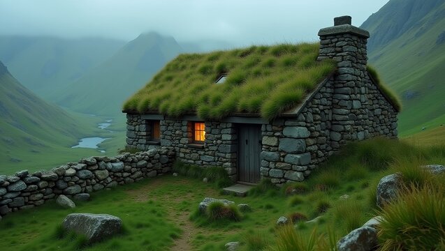 cinematic photograph capturing a weathered stone house nestled in the rugged highlands. Its grass-covered roof blends into the surrounding