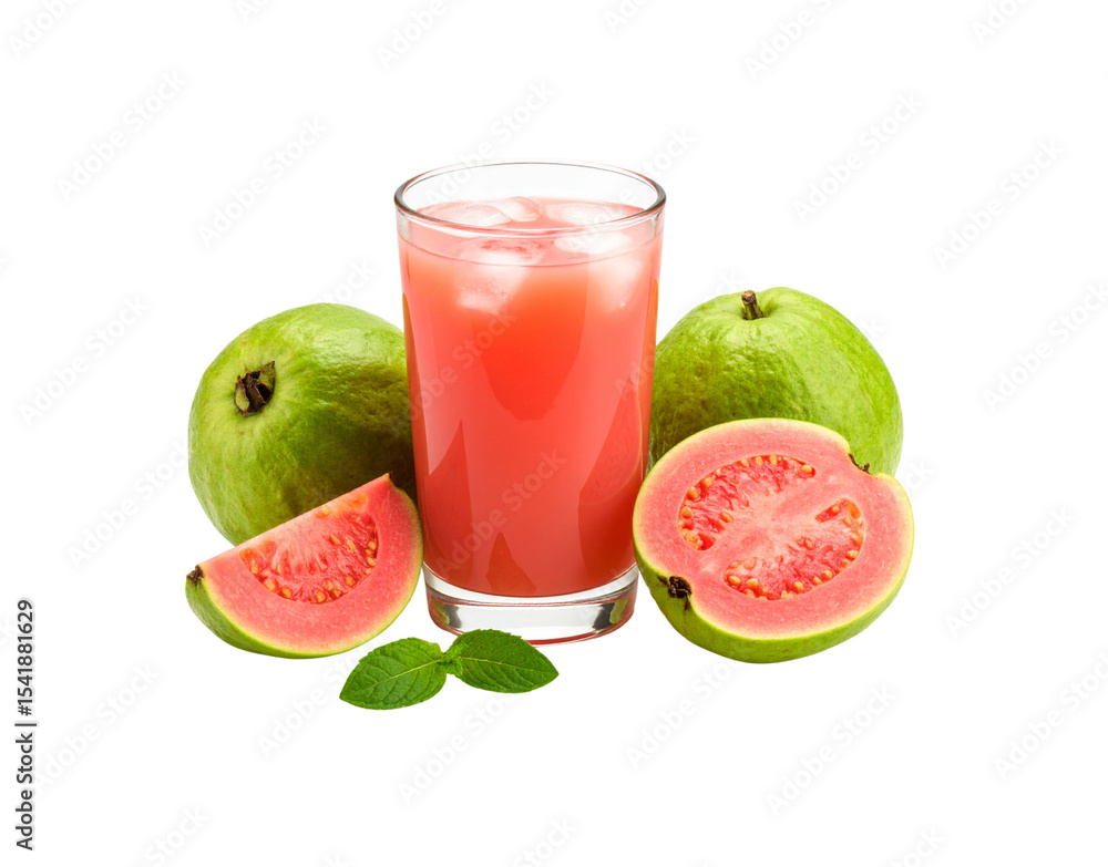 Poster refreshing glass of guava juice with whole and sliced guavas.