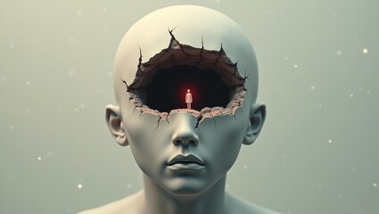 hollow space stands a small solitary figure bathed in faint red light, symbolizing introspection, isolation, or existential though Cracked Head with Illuminated Figure 