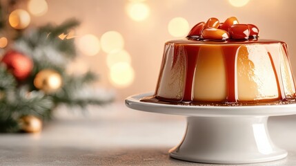 A beautifully presented caramel flan on a white cake stand, accentuated by festive lights and ornaments, perfect for holiday celebrations and gatherings, showcasing a delightful dessert.