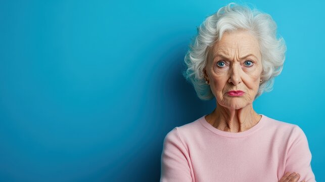 An elderly woman with striking white hair displays a serious expression against a vibrant blue background, embodying a mix of wisdom and determination through her gaze.