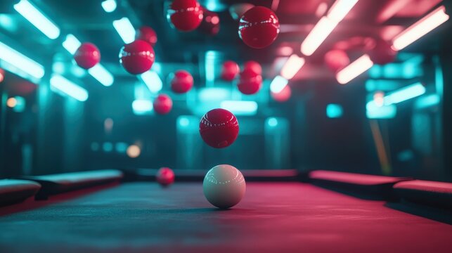 A captivating arrangement of colorful pool balls floating in neon-lit space, creating a vibrant and dynamic atmosphere perfect for game enthusiasts and nightlife lovers.
