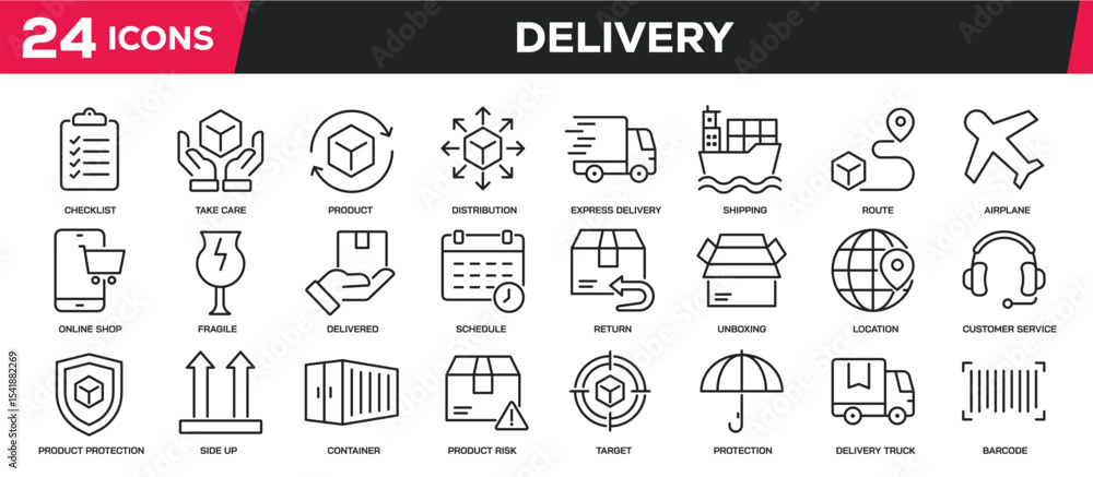 Poster set of collection line icons related delivery, logistic, cargo, warehouse. editable stroke. perfect 